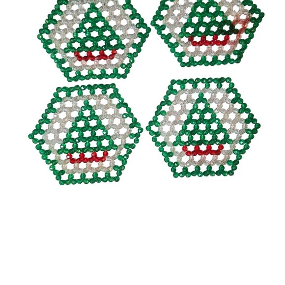Vintage Beaded Christmas Tree Coasters Beaded Set Of 6 Green Red White - Picture 4 of 15